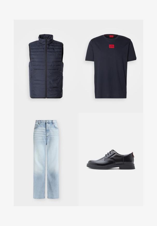 Marineblå puffervest med høj krave, lynlås foran og vandret syninger. Har sidelommer og brandlogo på brystet. Letvægtsdesign.; Sort bomulds t-shirt med korte ærmer, der har et rødt kvadratisk logo med teksten "HUGO" på brystet. Klassisk crewneck-design.; Lyseblå, højtaljede jeans med rette ben, forlommer, bæltestropper og knaplukning.; Sorte snørestøvler i læder med glat tekstur, rundet tå og diskrete syningsdetaljer. Har en rød trækflig på hælen.