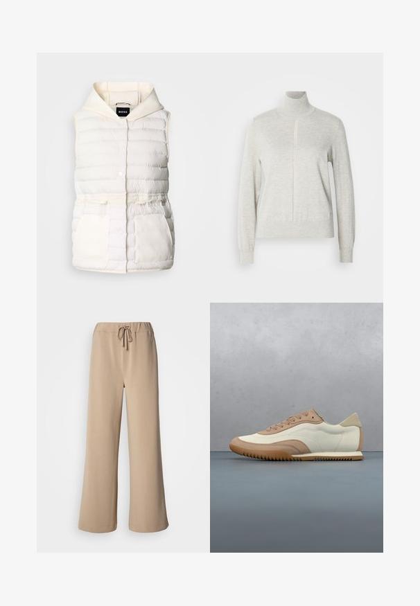 Gilet blanc rembourré avec capuche, présentant des boutons-pression, une taille à cordon et deux poches avant avec une texture douce. Étiquette de marque : BOSS.; Pull léger gris avec un col haut et une fermeture éclair quart. Fabriqué à partir d'un matériau doux et texturé, il présente des manches longues et un ourlet ajusté.; Pantalon beige à jambes larges avec une ceinture élastique et un cordon de serrage. Confectionné dans un tissu doux à la texture lisse, avec un ourlet surpiqué.; Baskets crème et beige avec une tige texturée, des lacets et une semelle en caoutchouc, présentées au-dessus d'une surface en bois avec des cailloux.