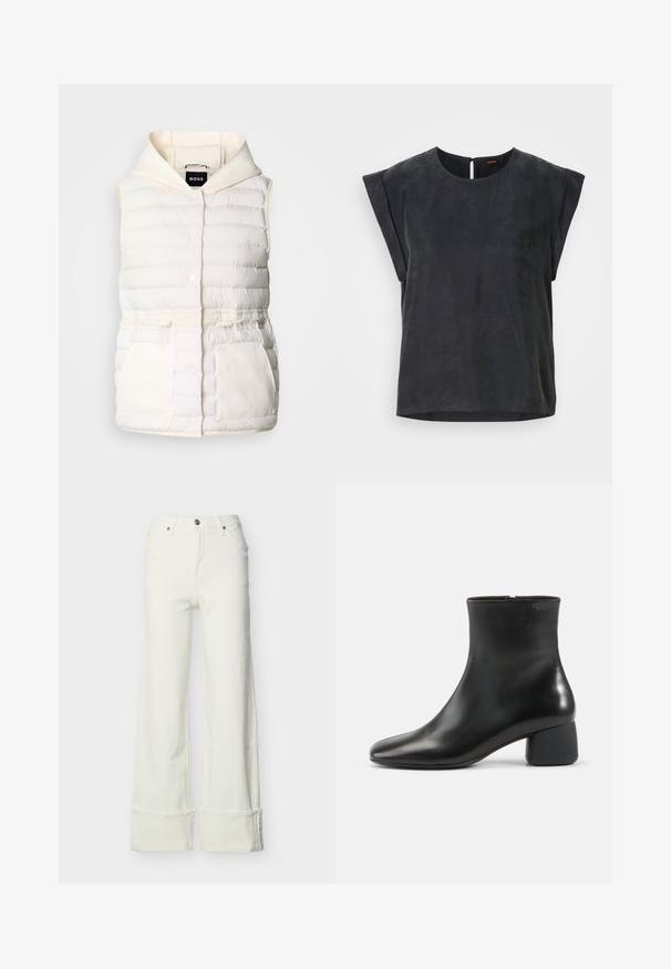 Pudret hvid vest med hætte, der har trykknapper, snoreliv og to frontlommer med en blød tekstur. Mærke: BOSS.; Sort kortærmet top med rund halsudskæring og minimalistisk design. Glat tekstur med en subtil glans, der har en nøglehulslukning i ryggen.; Hvide jeans med vide ben, højtaljede, frontknap og lynlås, bæltestropper, lommer foran og bagpå samt opsmøgede kanter.; Sort læderankelstøvle med afrundet firkantet tå, sidelås og chunky lav hæl på ensfarvet lys baggrund.