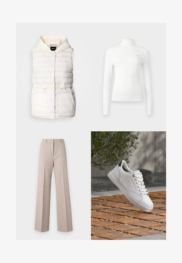 Pudret hvid vest med hætte, der har trykknapper, snoreliv og to frontlommer med en blød tekstur. Mærke: BOSS.; Hvid langærmet turtleneck-top i ribbet stof, med en lille logo-detalje og slim fit-design.; Beige vide bukser lavet af et glat stof, med høj talje, forkantede folder og en skræddersyet silhuet.; Hvid lavtop-sneaker med snørebånd, gyldent snørehul og marineblå hæl-detalje, ophængt over en træblok og småsten udendørs.