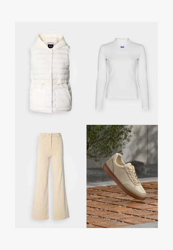 Gilet blanc rembourré avec capuche, présentant des boutons-pression, une taille à cordon et deux poches avant avec une texture douce. Étiquette de marque : BOSS.; Haut à col roulé blanc à manches longues en tissu extensible, avec une coupe ajustée et un petit logo bleu sur la poitrine.; Jeans beige à jambes larges avec taille haute, poches avant, et couture contrastée, dotés d'une fermeture à bouton et d'une texture en coton lisse.; Baskets en cuir beige avec semelle marron flottant au-dessus d'une surface extérieure carrelée avec quelques petites pierres dispersées et du feuillage vert en arrière-plan.