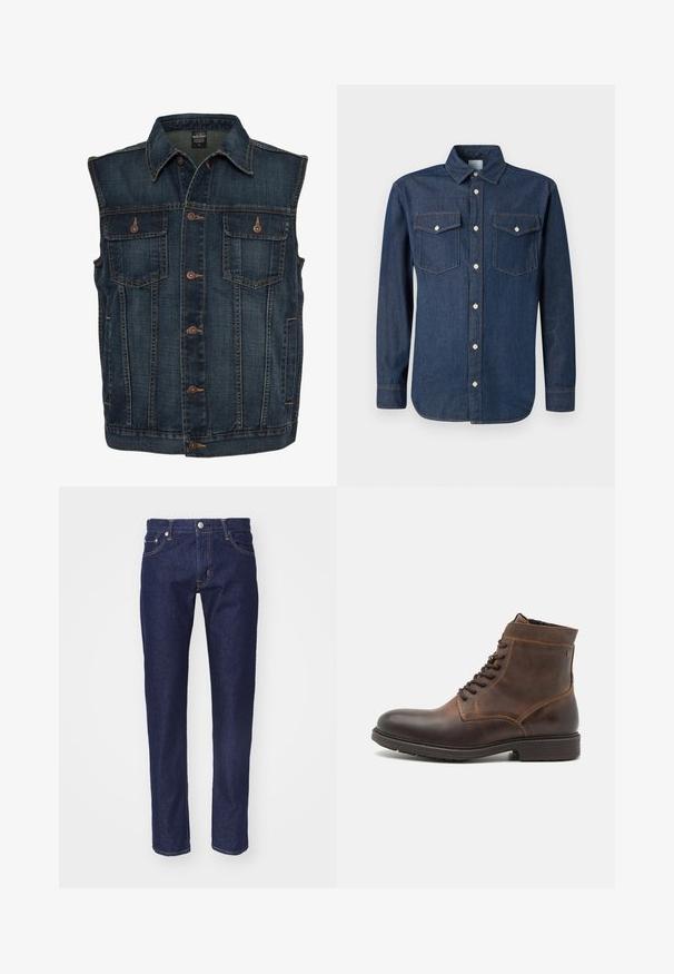 Veste en denim bleu foncé sans manches avec des boutons marron sur le devant et deux poches poitrine boutonnées.; Chemise en denim bleu foncé avec un col classique, des manches longues et deux poches poitrine. Présente des boutons blancs et des coutures contrastées.; Jean en denim bleu marine avec une coupe droite, une conception à cinq poches, des coutures orange contrastées et une fermeture à bouton en métal argenté à la taille.; Jack & Jones JFWDELANEY BOOT - Bottines à lacets - cognac