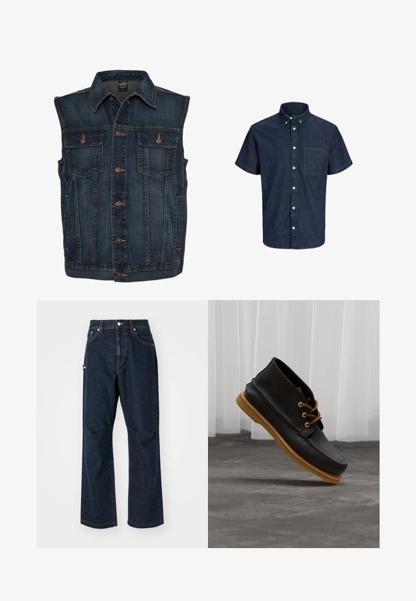 Veste en denim bleu foncé sans manches avec des boutons marron sur le devant et deux poches poitrine boutonnées.; Chemise en jean bleu foncé à manches courtes avec col boutonné, poche poitrine avant et boutons blancs au centre.; Jeans en denim bleu foncé avec une coupe droite, poches avant et une poche latérale. Comprend des accents de couture et une taille avec bouton.; Chaussures en cuir noir avec une finition lisse, bout rond, lacets marron et semelles en caoutchouc marron clair. Logo embossé sur le côté.