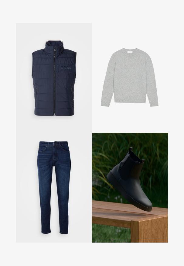 Marine blauwe puffer gilet met hoge kraag, frontale rits, horizontaal gestikte ontwerp en subtiele BOSS logo op de borst. Twee zijzakken.; Lichtgrijze wollen trui met ronde hals, lange mouwen en ribbels aan de manchetten en onderkant. Zachte textuur met een solide, minimalistisch ontwerp.; Donkerblauwe denim jeans met een rechte pijpdesign, voorzien van zakken en een knoopsluiting bij de taille. Zachte textuur, minimale vervagingdetails.; Zwarte leren enkelboot met elastische zijpanelen, gladde textuur, ronde neus en platte zool, geplaatst boven een houten tafel tegen een groene achtergrond.