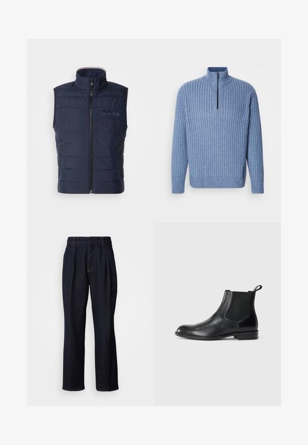 Marineblå puffer vest med høj krave, frontlynlås, vandret quiltet design og subtilt BOSS-logo på brystet. To sidelommer.; Lyst blå ribbestrikket sweater med opretstående krave og en delvis lynlås ved halsen; har lange ærmer og en lige kant.; Mørkeblå vidde denim jeans med frontfældninger og orange syninger, vist på hvid baggrund.; Sorte læder ankelstøvler med elastiske sidepaneler, rund tå og en trækloft. Glat tekstur, flad sål, minimalistisk design.