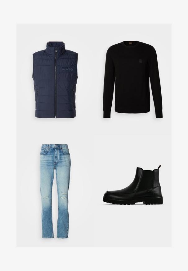 Gilet matelassé bleu marine avec col haut, fermeture éclair à l'avant, design matelassé horizontal et logo BOSS discret sur la poitrine. Deux poches latérales.; Pull en maille noir à manches longues, col rond, avec un petit patch en relief sur la poitrine. Texture lisse sur l'ensemble.; Jean bleu à taille mi-haute pour femmes, avec un teint délavé, des déchirures usées aux deux genoux, coupe droite et design classique à cinq poches.; Bottine noire en cuir avec semelle texturée, panneaux latéraux élastiques et languette de tirage sur fond gris clair.
