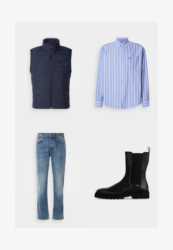 Gilet matelassé bleu marine avec col haut, fermeture éclair à l'avant, design matelassé horizontal et logo BOSS discret sur la poitrine. Deux poches latérales.; Chemise bleu clair boutonnée avec des rayures blanches verticales, manches longues, une poche sur le côté gauche de la poitrine et une petite étiquette logo.; Jean en denim bleu clair avec des jambes droites, cinq poches, des coutures contrastantes et une finition délavée. Dispose d'un bouton et d'un zip pour le maintien.; Bottine en cuir noir avec un panneau latéral élastique, une semelle épaisse et une languette à l’arrière, featuring un petit logo doré "Hugo" près du talon.