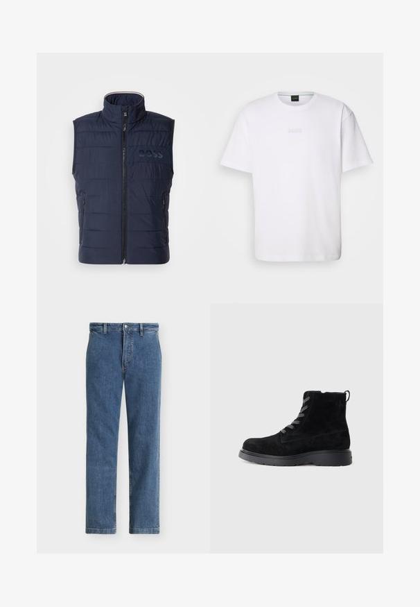 Marine blauwe puffer gilet met hoge kraag, frontale rits, horizontaal gestikte ontwerp en subtiele BOSS logo op de borst. Twee zijzakken.; Witte katoenen T-shirt met korte mouwen, ronde halslijn en reliëf 'BOSS' logo op de borst. Veilig textuur, standaard pasvorm.; Blauwe spijkerbroek met rechte pijpen, riemlussen, voorknoop en ritssluiting, weergegeven tegen een effen lichte achtergrond.; Zwarte suède enkellaarsjes met een gestructureerde oppervlakte, ronde neus, grijze veters en een stevige zwarte zool. Voorzien van een klein lusje achteraan.