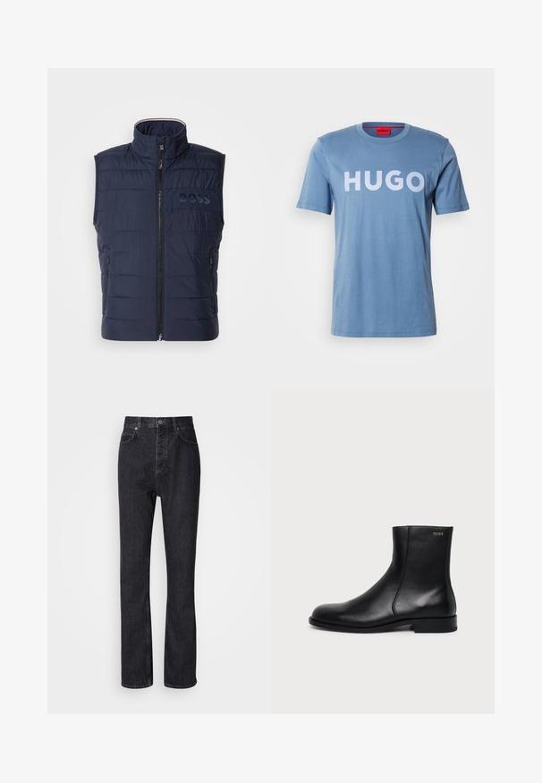 Gilet matelassé bleu marine avec col haut, fermeture éclair à l'avant, design matelassé horizontal et logo BOSS discret sur la poitrine. Deux poches latérales.; T-shirt en coton bleu clair à manches courtes, avec un grand logo blanc "HUGO" sur le devant. Encolure ras du cou simple, texture lisse.; Jean en denim noir taille haute avec fermeture à bouton et à glissière, poches avant et arrière, et coupe droite.; Bottine en cuir noir à talon bas, couture latérale et petit logo "HUGO" sur le revers supérieur sur un fond uni.