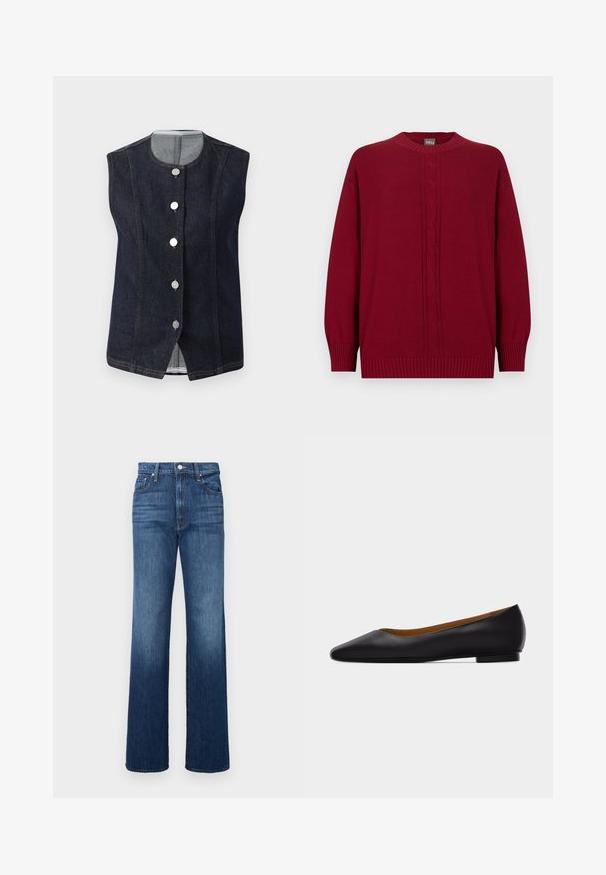 Chaleco de denim sin mangas de color azul oscuro con escote redondo y cinco botones metálicos en la parte delantera, que muestra un forro interior gris claro en el cuello.; Suéter de manga larga de color rojo oscuro con cuello redondo, patrón de punto trenzado en el centro delantero y puños y borde acanalados.; Vaqueros de mezclilla en azul oscuro, con un diseño de cintura alta, pierna recta, cierre de botón y un ligero desvanecimiento cerca de las rodillas.; Zapato plano de punta puntiaguda de cuero negro con tacón bajo y acabado liso, mostrado de perfil sobre un fondo gris claro.