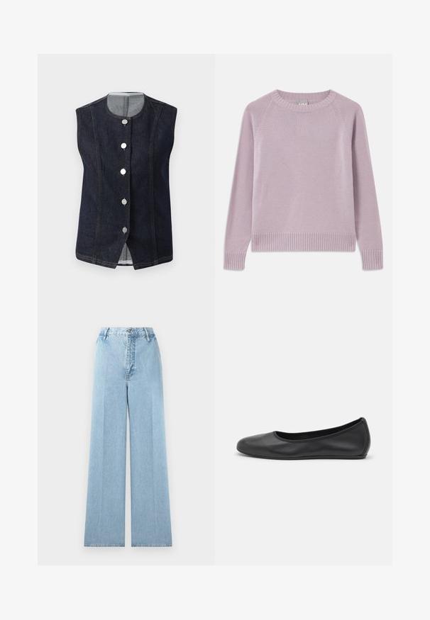Mørkeblå denim vest uden ærmer med rund halsudskæring og fem metalliske knapper fortil, der viser en lys grå inderside ved kraven.; Lyserød striktrøje med ribbede kanter og manchetter, raglanærmer og rund halsudskæring. Blød tekstur og sømløst design.; Lyseblå bredbenede jeans lavet af denim med høj talje, som har fem bæltestropper, en frontknaplukning og stikninger.; Sort læderballetsko med rund tå, glat tekstur, minimal syning og et fleksibelt såldesign.