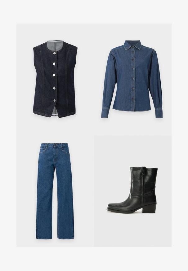 Mørkeblå denim vest uden ærmer med rund halsudskæring og fem metalliske knapper fortil, der viser en lys grå inderside ved kraven.; Mørkeblå denim skjorte med lange ærmer, knappelukning foran, spids krave og synlige hvide syninger langs sømme og manchetter.; Blå højtaljede vide ben-jeans med for- og baglommer, knaplukning og synlig syning på en hvid baggrund.; Sort læder ankelstøvle med rundt tå, blokhæl, lynlås i siden og stikninger på vampsiden. Glat tekstur, klassisk design.
