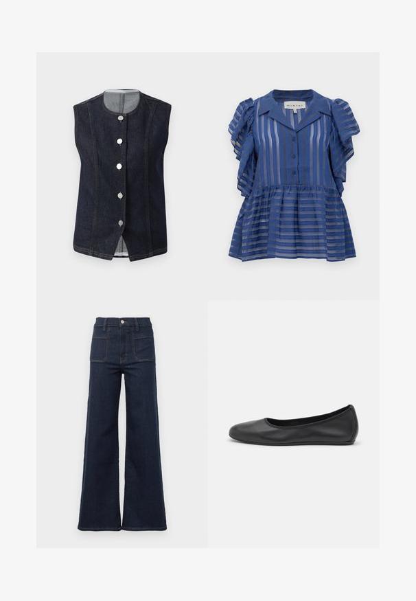 Mørkeblå denim vest uden ærmer med rund halsudskæring og fem metalliske knapper fortil, der viser en lys grå inderside ved kraven.; Blå kortærmet bluse med lodrette og vandrette striber, knaplukning foran, rynkede ærmer og peplumkant.; Mørkeblå flagrende jeans lavet af denim med høj talje, der har to baglommer og kontrasterende syninger langs sømmene.; Sort læderballetsko med rund tå, glat tekstur, minimal syning og et fleksibelt såldesign.