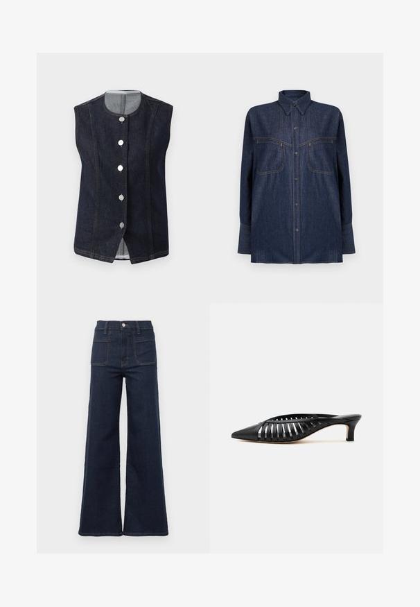 Dunkelblaues, ärmelloses Denim-Weste mit runder Ausschnitt und fünf metallischen Knöpfen auf der Vorderseite, die ein hellgraues Innenfutter am Kragen zeigen.; Dunkelblaues Jeanshemd mit langen Ärmeln, durchgehendem Knopfleisten, zwei Brusttaschen und kontrastierender oranger Naht. Klassischer Kragen und lockere Passform.; Dunkelblaue ausgestellte Jeans aus Denim mit hoher Taille, die zwei hintere Taschen und kontrastierende Nähte entlang der Säume aufweist.; Schwarze Leder-Mule mit spitzer Schuhspitze, Riemchen-Design und niedrigem Kittenheel auf weißem Hintergrund.
