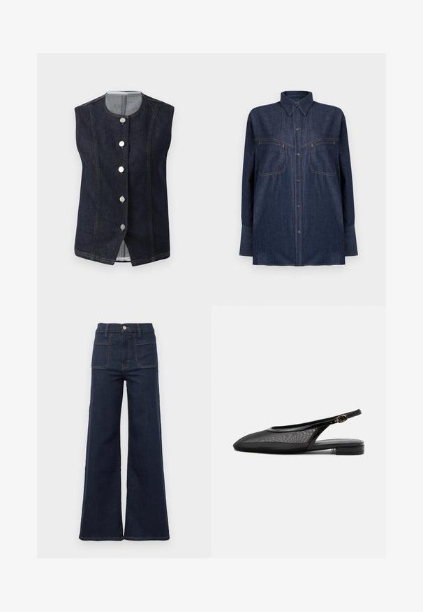 Donkerblauwe mouwloze denim vest met ronde halslijn en vijf metalen knopen aan de voorkant, met een lichtgrijze voering zichtbaar bij de kraag.; Donkerblauw denim overhemd met lange mouwen, knoopsluiting aan de voorkant, twee borstzakken en contrasterende oranje stiksels. Klassieke kraag en een losse pasvorm.; Donkerblauwe uitlopende jeans gemaakt van denim met een hoge taille, voorzien van twee achterzakken en contrasterende stiksels langs de naden.; Zwarte slingback platte schoen met puntige neus, mesh bovenwerk, verstelbare gespsluiting en lage gestapelde hak op witte achtergrond.