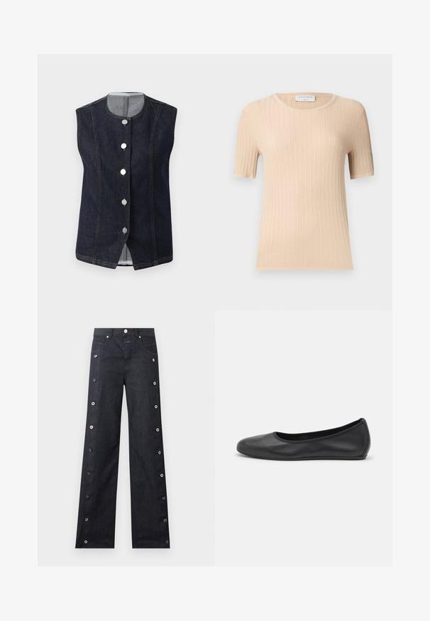 Dunkelblaues, ärmelloses Denim-Weste mit runder Ausschnitt und fünf metallischen Knöpfen auf der Vorderseite, die ein hellgraues Innenfutter am Kragen zeigen.; Beiges, geripptes Kurzarm-Strickoberteil mit Rundhalsausschnitt, schmaler Passform und sichtbarem "Tiger of Sweden"-Etikett im Krageninneren.; Schwarze Jeans mit weitem Bein, seitlichen Druckknöpfen, Vordertaschen, Gürtelschlaufen und einem silbernen Knopfverschluss am Bund.; Schwarze Leder-Ballettschuhe mit abgerundeter Spitze, glatter Textur, minimalen Nähdetails und einem flexiblen Sohlen-Design.