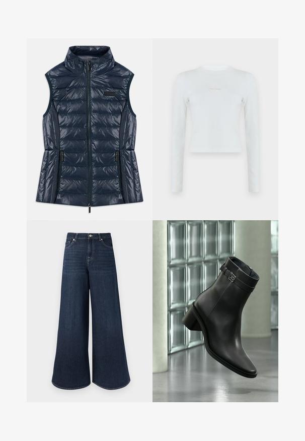 Mørkeblå ærmeløs quiltet puffer vest med høj krave, frontlynlås, to lynlåslommer og horisontale syninger.; Hvid langærmet ribstrikket cropped top med rund hals og lille Calvin Klein-logo placeret midt på brystet.; Mørkeblå viddebukser i denim med høj talje, med syningsdetaljer, knaplukning og klassisk fem-lomme-design.; Sort læderankelstøvle med lav blokhæl og dekorativ rem, vist i et moderne, minimalistisk indendørs miljø.