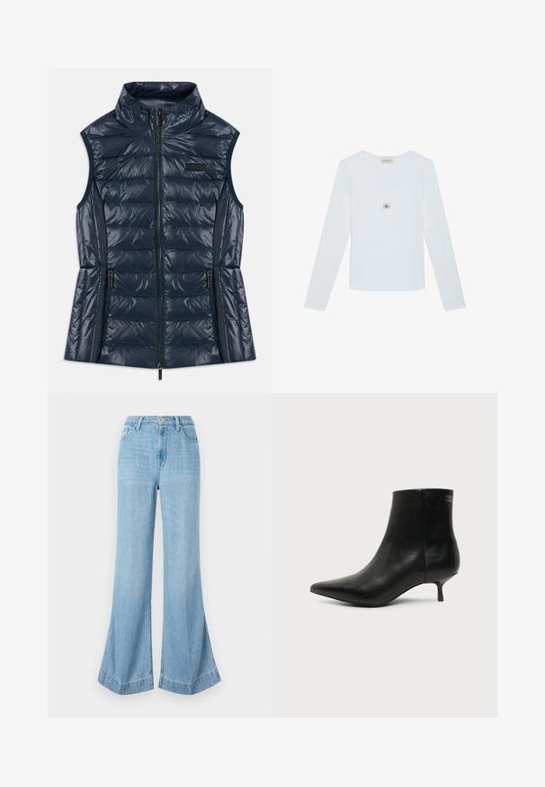 Marineblau ärmellose gesteppte Pufferweste mit hohem Kragen, Frontreißverschluss, zwei Reißverschlusstaschen und horizontalen Steppnähten.; Weißes Calvin Klein Langarmshirt mit Rundhalsausschnitt und kleinem CK-Logo-Patch mittig unter dem Kragen.; Helle blaue Jeans mit weitem Bein im Denim-Stil, hochgeschnitten mit Knopfverschluss, featuring einen sauberen Abschluss und ausgestellt geschnittenem Saum mit seitlichen Schlitzen.; Schwarzer Leder-Knöchel-Stiefel mit spitzer Spitze und niedrigem Kittenabsatz vor hellem Hintergrund, seitliche Ansicht.