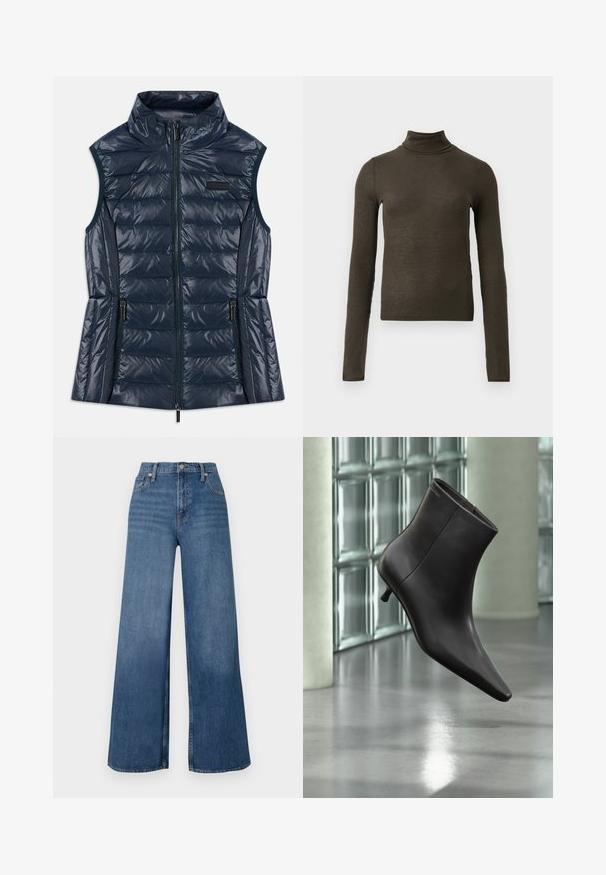 Mørkeblå ærmeløs quiltet puffer vest med høj krave, frontlynlås, to lynlåslommer og horisontale syninger.; Mørkeoliven grøn ribbet langærmet turtleneck bluse med slank pasform og let cropped længde på ensfarvet lys baggrund.; Bredde jeans i blå denim med høj talje, frontknaplukning og klassisk fem-lomme design. Glat tekstur.; Sort læderankelstøvle med spids tå og lille hæl vist mod en væg af glasblokke og poleret gulv baggrund.