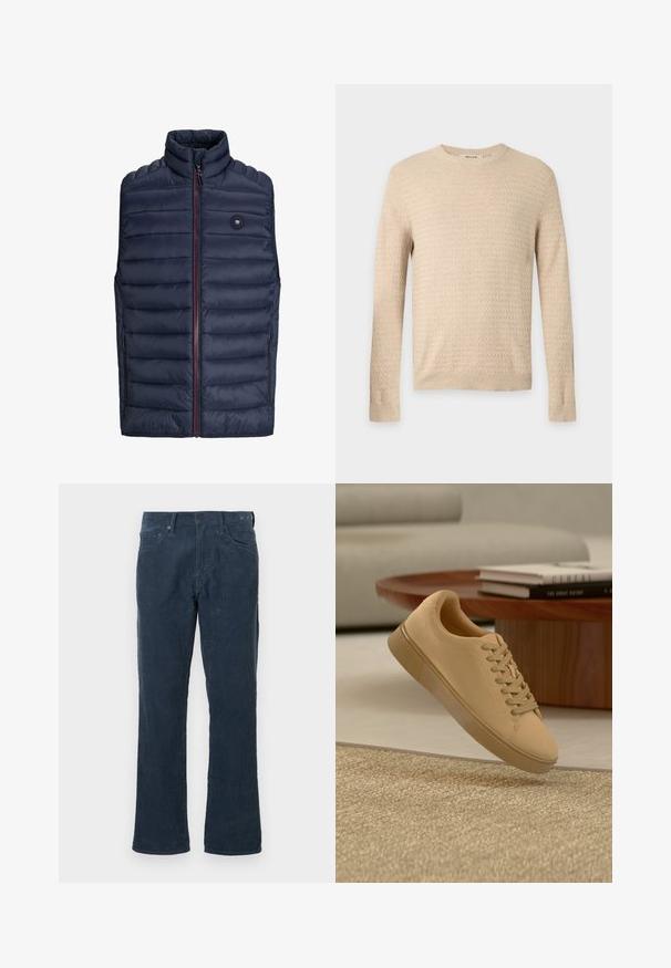 Mørkeblå puffer-vest med høj krave, lynlås lukning og røde detaljer. Har vandret quiltet mønster og sidelommer. Letvægtsmateriale.; Beige langærmet tekstureret strikket sweater med rund hals og ribkant ved ærmer og kant, vist på en ensfarvet lysegrå baggrund.; Mørkeblå corduroybukser med lige ben, der har forlommer, knaplukning og en subtil ribbet tekstur.; Beige snørestøvler, der svæver over et tekstureret tæppe med et træ sofabord og stablede bøger i en sløret baggrund.