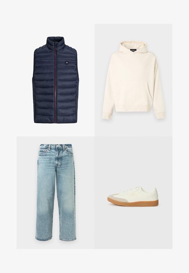 Mørkeblå puffer-vest med høj krave, lynlås lukning og røde detaljer. Har vandret quiltet mønster og sidelommer. Letvægtsmateriale.; Beige pullover hættetrøje med forlomme, lange ærmer og fast hætte, vist på hvid baggrund.; Lysvaskede denimjeans med en afslappet pasform, der har lige ben, mellemhøj talje, fem lommer og synlige syninger.; Sneaker lavet af hvid læder med en beige tåhætte og let brunt gummisål. Har flade hvide snørebånd og prægede branding på siden.