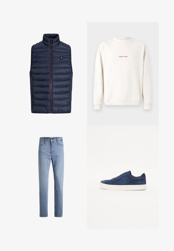 Mørkeblå puffer-vest med høj krave, lynlås lukning og røde detaljer. Har vandret quiltet mønster og sidelommer. Letvægtsmateriale.; Cremefarvet sweatshirt med ribbet rund hals og manchetter. Har lille, gul "Original Studio" broderi på brystet. Blød tekstur.; Lyseblå højtaljede jeans med lige ben, forreste knap, lynlås, bæltestropper samt lommer foran og bagpå.; Marineblå ruskinds sneakers med rund tå, fem snørrehuller, hvid gummisål og minimalistisk design. Glat overflade, uden synlige mønstre.