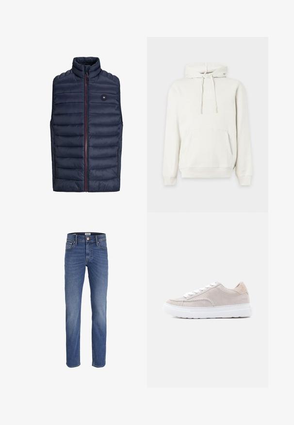 Mørkeblå puffer-vest med høj krave, lynlås lukning og røde detaljer. Har vandret quiltet mønster og sidelommer. Letvægtsmateriale.; Hvid hættetrøje med frontlomme og snører, med subtilt præget GAP-logo på brystet.; Blå denim jeans med lige ben, lukkes med knap og lynlås, for- og baglommer samt diskret falmning på lår og knæ.; Lysegrå ruskindsneaker med hvide snørebånd, tekstureret bagpå og hvid gummisål. Har minimal syning og branding på hælen.