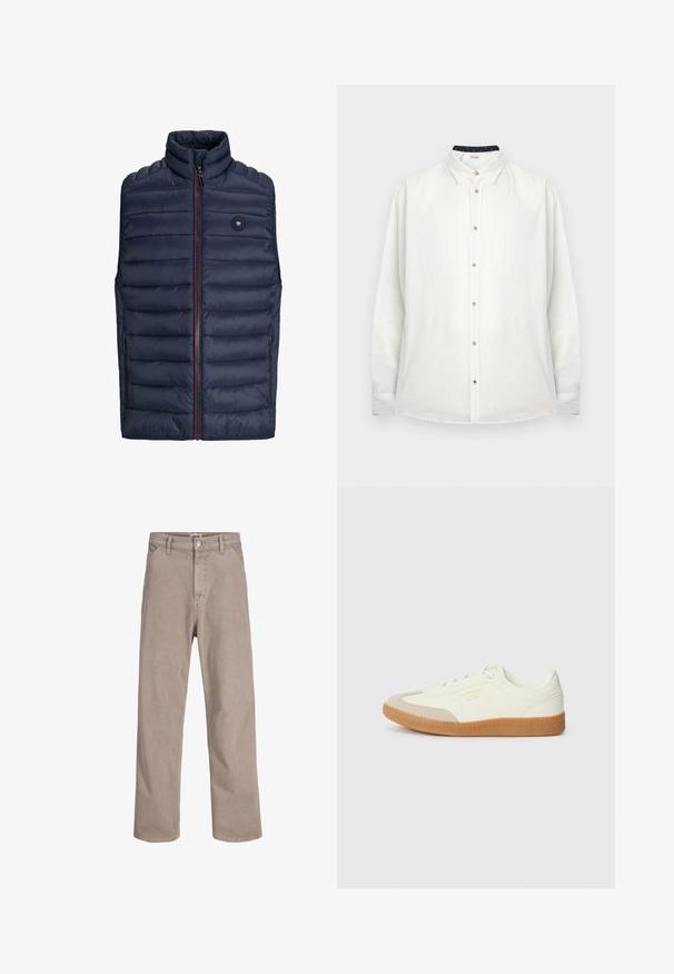 Mørkeblå puffer-vest med høj krave, lynlås lukning og røde detaljer. Har vandret quiltet mønster og sidelommer. Letvægtsmateriale.; Hvid skjorte med lange ærmer og knapper, klassisk krave og beige knapper, vist på en ensfarvet baggrund.; Beige bukser med høj talje og lige ben, forlommer, bæltestropper, knappelukning og synlige syninger på en ensfarvet baggrund.; Sneaker lavet af hvid læder med en beige tåhætte og let brunt gummisål. Har flade hvide snørebånd og prægede branding på siden.
