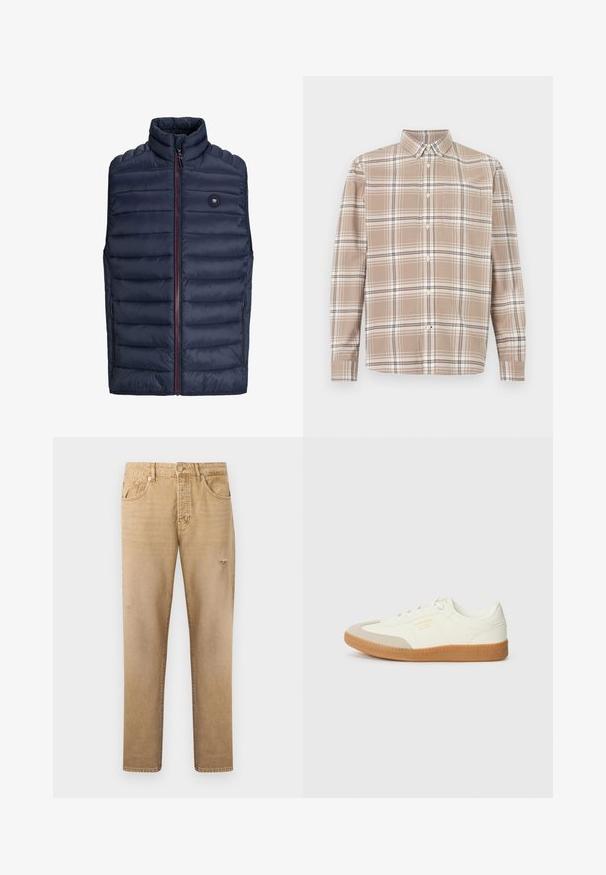 Mørkeblå puffer-vest med høj krave, lynlås lukning og røde detaljer. Har vandret quiltet mønster og sidelommer. Letvægtsmateriale.; Beige ternet skjorte med knapper, lange ærmer, knappet krave og brystlomme på hvid baggrund.; Beige jeans med lige ben, forlommer, bæltestropper og diskrete slidte detaljer på lår og knæ.; Sneaker lavet af hvid læder med en beige tåhætte og let brunt gummisål. Har flade hvide snørebånd og prægede branding på siden.