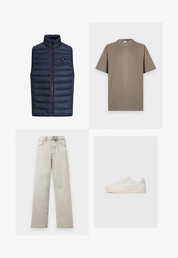 Mørkeblå puffer-vest med høj krave, lynlås lukning og røde detaljer. Har vandret quiltet mønster og sidelommer. Letvægtsmateriale.; Enkelt taupefarvet kortærmet bomulds T-shirt med rund hals og afslappet pasform, vist på hvid baggrund.; Lysegrå denimjeans med høj talje, lige ben, forlommer, bæltestropper samt knap- og lynlåslukning.; Hvide lædersneakers med en glat overflade, der har perforerede detaljer, snørebånd fortil og et diskret logo i guld nær siden.