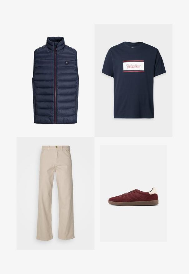 Mørkeblå puffer-vest med høj krave, lynlås lukning og røde detaljer. Har vandret quiltet mønster og sidelommer. Letvægtsmateriale.; Navyblå T-shirt med korte ærmer med et hvidt rektangulært logo med røde striber og rød "JACK & JONES" tekst i midten.; Beige bomulds bredbenede bukser med fem lommer, knaplukning og bæltestropper; glat tekstur med lige pasform og kant.; Bordeaux ruskindsneaker med snørelukning foran, tekstureret sideudformning og lysfarvet hælaccents. Gummisål med glat finish.