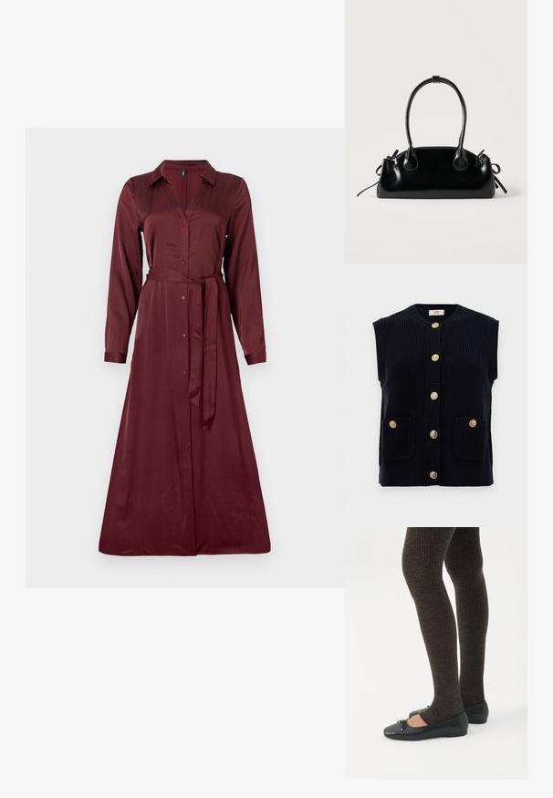 Gilet en tricot marine avec un col rond, des manches courtes et six boutons dorés. Comprend deux poches avant.; Robe chemise bordeaux à manches longues avec col, boutonnage à l'avant et ceinture à la taille. Texture lisse, longueur cheville et silhouette définie.; Jambes portant des leggings côtelés foncés associés à des ballerines noires avec de petits détails en nœud sur fond blanc.; Petit sac à main noir brillant avec deux longues anses et des détails à cordon sur les côtés sur un fond clair uni.