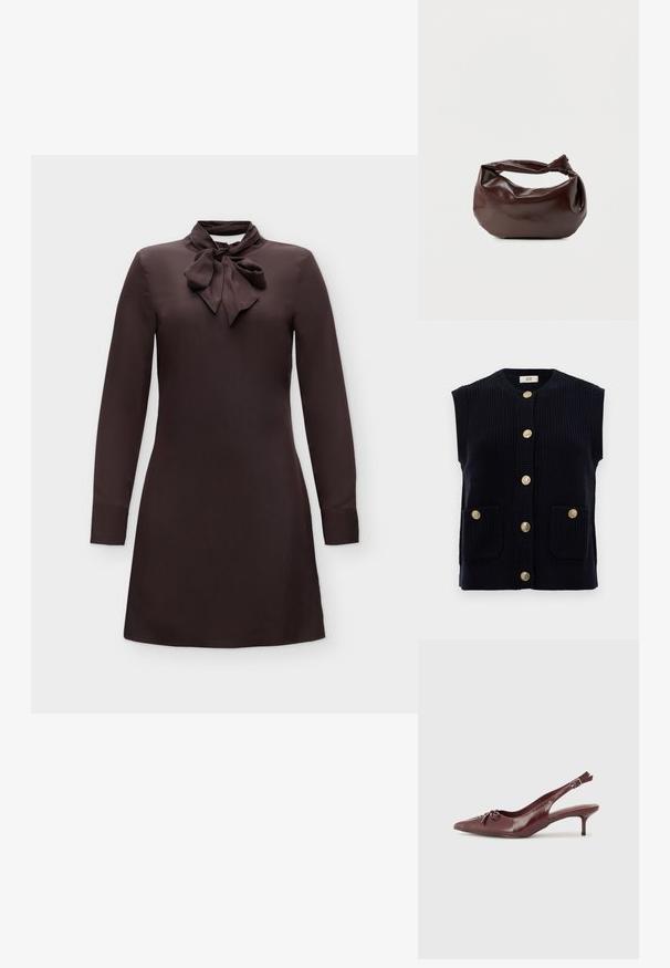 Gilet en tricot marine avec un col rond, des manches courtes et six boutons dorés. Comprend deux poches avant.; Robe marron foncé à manches longues avec un col noué en nœud papillon et une silhouette droite et simple sur un fond uni.; Talons slingback en cuir bordeaux avec un embout pointu, une sangle ajustable et un détail de nœud décoratif à l'avant. Hauteur du talon de 7,5 cm.; Sac bandoulière en cuir marron foncé avec une forme souple et décontractée et une anse nouée torsadée sur un fond blanc uni.