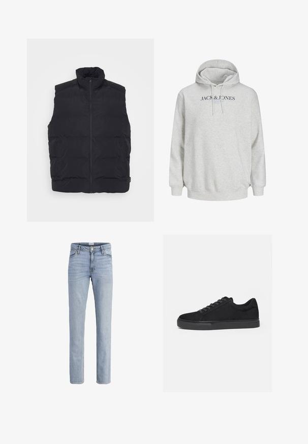 Sort puffervest med høj krave, frontlynlås og sidelommer. Glat tekstur med quiltet design for isolering.; Lys grå hættetrøje med snore og "JACK & JONES" trykt hen over brystet i mørkeblå og lyseblå tekst.; Lyseblå lige denimjeans med forlommer, bæltestropper, knaplukning og subtile falmede detaljer.; Sort lavtop sneaker med snørelukning foran og flad gummisål, vist fra siden på en hvid baggrund.