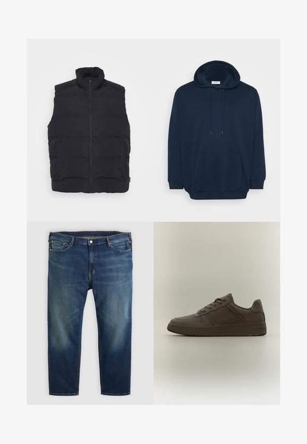 Sort puffervest med høj krave, frontlynlås og sidelommer. Glat tekstur med quiltet design for isolering.; Marineblå hoodie i bomuldsblanding med justerbar hætte, frontlomme i kenguru-stil, ribbede manchetter og et afslappet fit-design.; Blå denimjeans med lige ben, falmede områder på lårene, forlommer, bæltestropper og knaplukning.; Brun læder-sneakers med lavt snit, flade snørebånd og en struktureret sål. Indeholder diskrete perforeringer og et elegant, minimalistisk udseende.