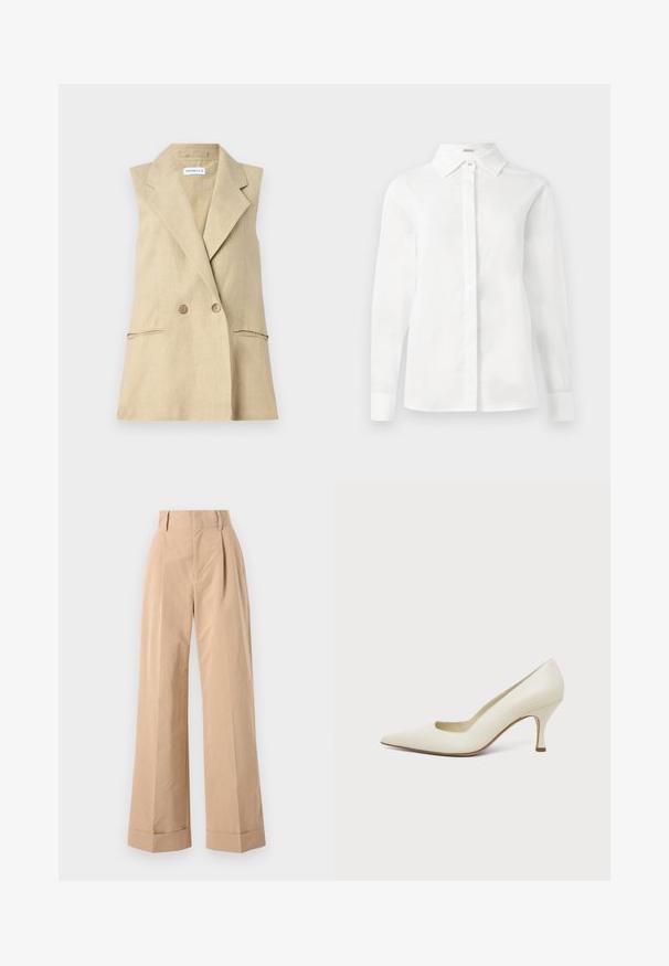 Beige linned løsslås blazer med klippakrage, dobbeltknaplukning og to forlommer. Glat tekstur.; Hvid langærmet skjorte lavet af glat bomuld, med spidse kraver, central knaplukning og lige skæring i kanten med knapne kufferter.; Beige bukser med vid ben og høj talje, der har læg og en glat tekstur. Cuffene er foldet, hvilket tilføjer en struktureret detalje.; Højhælede sko i cremefarvet læder med spids tå og slank mellemhøj hæl, på en ensartet lys baggrund.