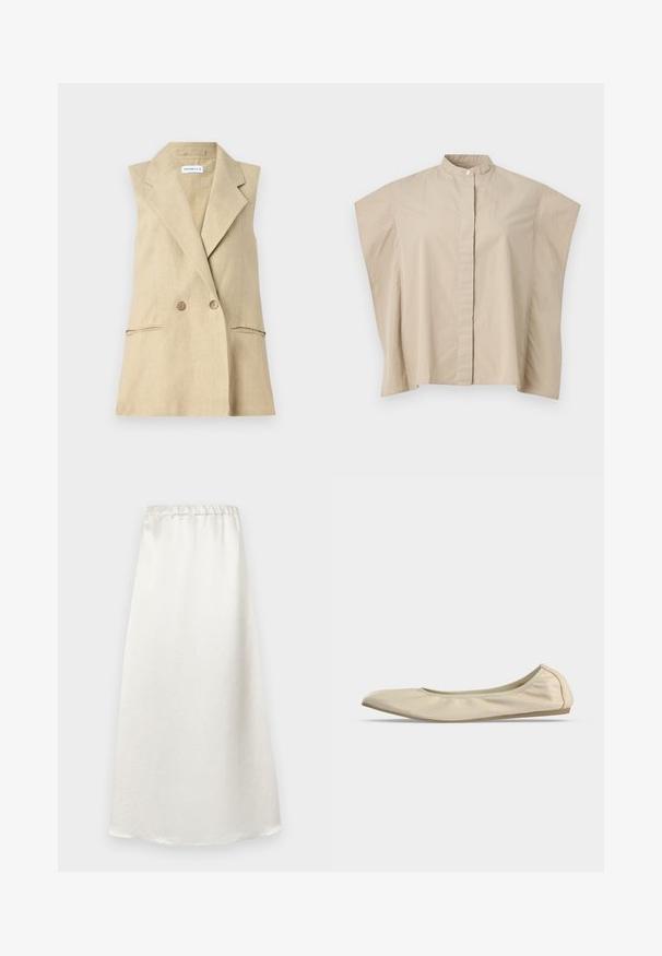 Beige linned løsslås blazer med klippakrage, dobbeltknaplukning og to forlommer. Glat tekstur.; Beige kortærmet skjorte med mandarin-krave, boxy pasform og skjult knaplukning, vist på hvid baggrund.; Hvid, ankel-lang nederdel lavet af et glat, let stof med en samlet talje og en subtil tekstureret finish.; Beige blødt læder balletsko med rundet tå, lavt snit i siden og tynd gummisål på en ensartet hvid baggrund.