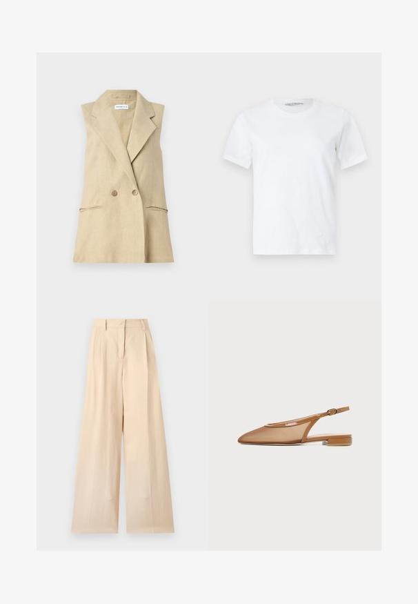 Beige linned løsslås blazer med klippakrage, dobbeltknaplukning og to forlommer. Glat tekstur.; Ren hvid kortærmet rundhalset t-shirt lagt fladt på en lys baggrund, der viser forfra med et lille synligt mærkelabel inde i kraven.; Beige højtaljede bukser med vide ben, bæltestropper og forlynlås på en ensfarvet lys baggrund.; Brun slingback flad sko med spids tå, tynd rem med spænde og lav blokhæl på hvid baggrund.