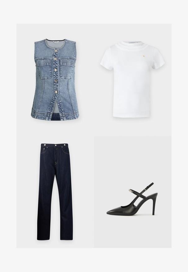 Veste en jean bleue sans manches avec fermeture boutonnée sur le devant, deux poches poitrine, col rond et détails de couture discrets.; T-shirt blanc à manches courtes avec un col rond superposé et un petit emblème doré sur la poitrine gauche.; Jean droit bleu marine avec poches avant, fermeture à bouton et coutures contrastantes visibles sur un fond clair uni.; Escarpins slingback en cuir noir avec bout pointu, design ajouré et bride ajustable ornée de ferrures métalliques.