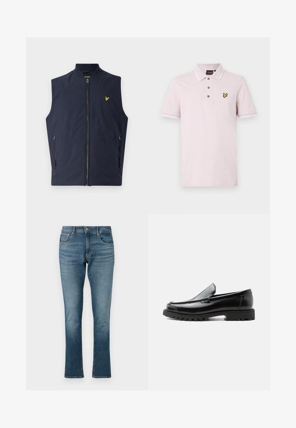 Chaleco sin mangas azul marino con cremallera frontal, dos bolsillos laterales y un pequeño logo de un pájaro amarillo en el pecho. Hecho de un material suave y ligero.; Polo rosa claro de manga corta con ribete blanco en el cuello y las mangas, tres botones y un pequeño logo de pájaro amarillo en el pecho.; Jeans de mezclilla azul claro con un diseño de pierna recta, que cuentan con cremallera, cierre de botón y estilo de cinco bolsillos con un ligero desvanecimiento.; Mocasín de cuero negro con suela de goma gruesa, empeine cosido y nombre de la marca en relieve en el talón, mostrado en perfil lateral sobre fondo blanco.