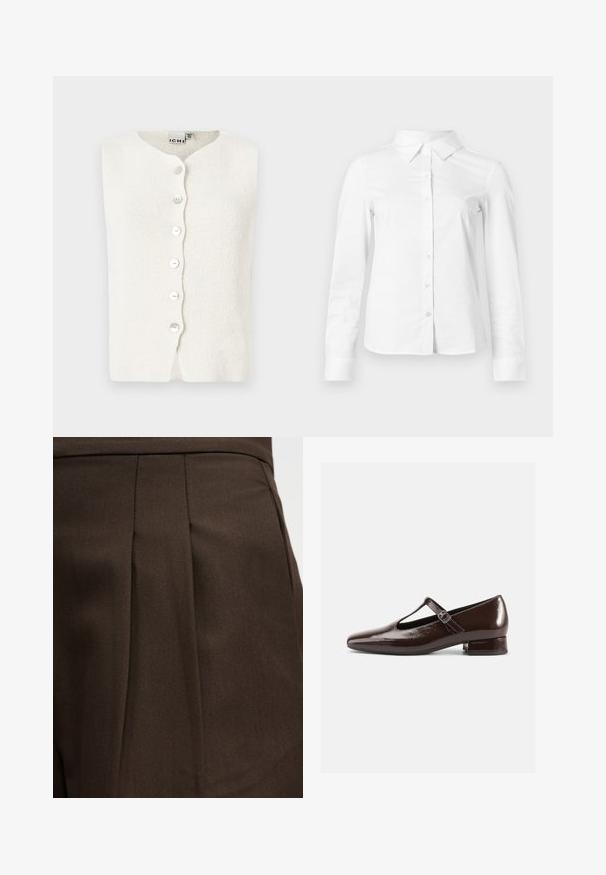 Chaleco de punto blanco con cuello redondo, presenta cinco botones en el delantero y una superficie texturizada. Sin mangas ni costuras visibles.; Camisa blanca de manga larga con botones, cuello puntiagudo, bajo recto y silueta ajustada, presentada sobre un fondo claro y liso.; Prenda a medida de color marrón oscuro con detalle de plisado vertical en superficie de tela lisa.; Zapatos Mary Jane de charol marrón con punta redondeada, diseño recortado y una correa ajustable. Tacón bajo y ancho.