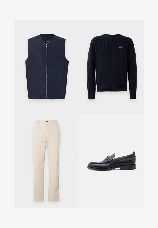 Námornícky vest s komplikovaným geometrickým vzorom, s vysokým golierom a predným zipsom. Vyrobený z textúrovanej látky, ľahký a bez rukávov.; Námornícky modrý pletený sveter s rebrovanou textúrou, okrúhlym výstrihom a dlhými rukávmi. Na hornej ľavej zadnej strane sa nachádza malá zelená logo.; Svetlo béžové bavlnené nohavice so strižným strihom, s predným zapínaním na gombík, zipsovou rozparkom a minimálnymi všitými detailmi.; Čierne kožené mokasíny so sivým štruktúrovaným priehlavkom, detailom so striebornou kovovou prackou, nízkym opätkom a pútkom vzadu.