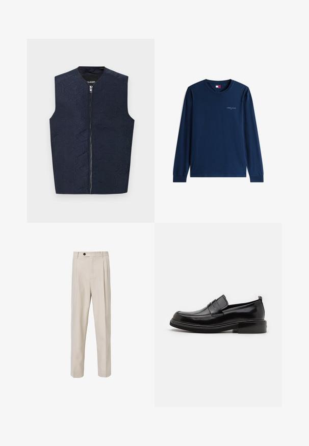 Marine vest met intrigerend geometrisch patroon, voorzien van een hoge kraag en een frontale rits. Gemaakt van een gestructureerde stof, lichtgewicht en mouwloos.; Marineblauw shirt met lange mouwen en ronde hals, met een klein wit "Tommy Jeans" logo op de borst en een merkembleem aan de binnenkant van de kraag.; Beige op maat gemaakte broek met een recht model, voorzien van voorplooien, een knoopsluiting en een gladde stofstructuur.; Calvin Klein MOCCASIN - Zakelijke loafers - black
