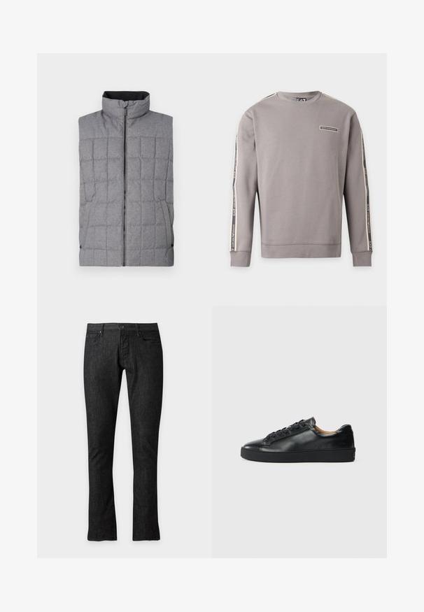 Chaleco acolchado gris con cuello alto, cierre frontal y bolsillos laterales. Presenta un tejido texturizado con un patrón de rejilla y acentos elásticos.; Sudadera gris de manga larga con logo EA7 Emporio Armani en el pecho y rayas de marca que recorren ambas mangas.; Vaqueros negros de corte ajustado con cierre frontal de botón y cremallera, trabillas para cinturón y diseño de cinco bolsillos, mostrados sobre un fondo liso.; Zapatilla negra de cuero con una textura suave, puntera redonda y cierre de cordones. Presenta una suela de goma gruesa y un detalle de marca mínimo.