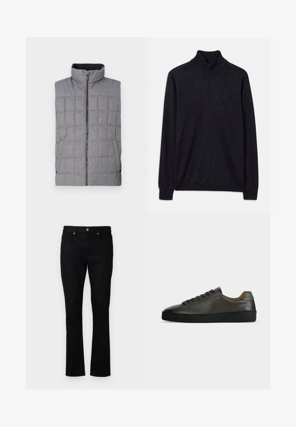 Grå quilted vest med høj krave, frontlynlås og sidelommer. Har et struktureret stof med et gittermønster og elastiske detaljer.; Sort langærmet sweater med ribbet høj krave og halv lynlås, med et subtilt logo på venstre bryst.; Sorte denim jeans med lige ben, der har en mid-rise talje, fem lommer og metalhardware detaljer. Glat tekstur.; Lavtskåret mørkegrå læder sneaker med sorte snørebånd og sål, minimalistisk design, sideprofil på en ensfarvet lys baggrund.