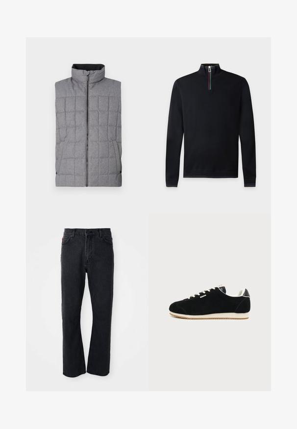 Grå quilted vest med høj krave, frontlynlås og sidelommer. Har et struktureret stof med et gittermønster og elastiske detaljer.; Sort langærmet pullover med kvart lynlås og høj krave med flerfarvet stribet kant på krave, manchetter og kant.; Sorte denim jeans med lige ben-design, høj talje, knaplukning og subtile syninger langs lommerne og sømmene.; Sort ruskindssneaker med hvid sål og snørebånd, lavt design og lille sidelogo på ensfarvet lys grå baggrund.