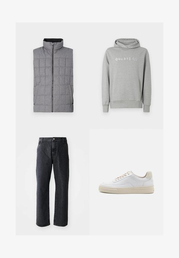 Grå quilted vest med høj krave, frontlynlås og sidelommer. Har et struktureret stof med et gittermønster og elastiske detaljer.; Grå sweatshirt med hætte lavet af blødt stof, med snørrehætte og frontlomme, med "QUARTZ CO" trykt i et diskret design på brystet.; Sorte denim jeans med lige snit, med knaplukning, fem lommer og subtil tekstur. Klassisk design uden fremtrædende mønstre.; Hvide sneakers med en glat læderoverdel, beige snørebånd og en tekstureret beige ruskindsheel-tab. Hævet sål for ekstra højde.