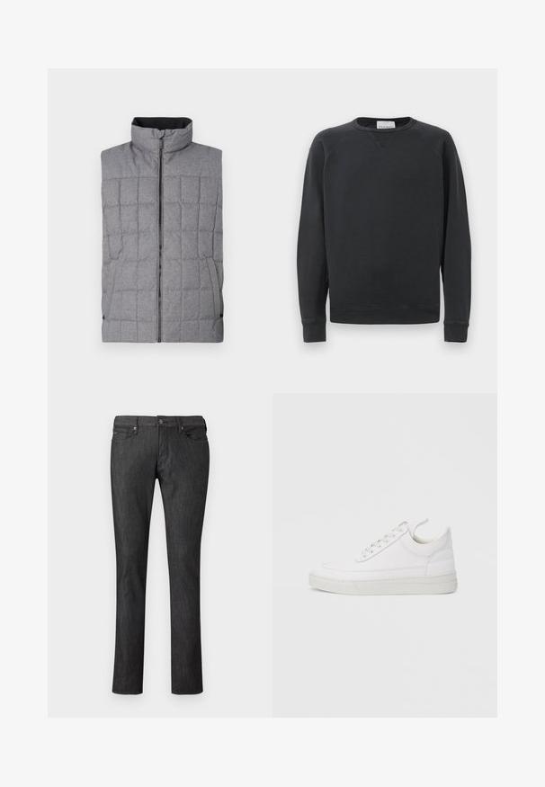 Grå quilted vest med høj krave, frontlynlås og sidelommer. Har et struktureret stof med et gittermønster og elastiske detaljer.; Sort langærmet crewneck sweatshirt med ribbede manchetter og kant, diskret V-syning under kraven og mærke etikette inden i halsudskæringen.; Mørk denimjeans med et lige ben-design, der har forlommer, lukning med metalknap og diskrete syningsdetaljer.; Hvid lædersneaker med rundet tå, flad sål og snørebånd foran. Har syningsdetaljer og polstret krave for komfort.