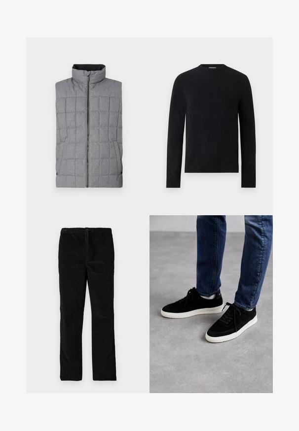 Grå quilted vest med høj krave, frontlynlås og sidelommer. Har et struktureret stof med et gittermønster og elastiske detaljer.; Sort langærmet crew neck trøje med enkelt, tætsiddende design uden synlige mønstre eller logoer.; Sorte lige ben i velour med elastisk talje og forreste snor, præsenteret mod en simpel hvid baggrund.; Sorte ruskind sneakers med en hvid gummisål, der har et klassisk low-top design, rundt tå og flade sorte snørebånd.