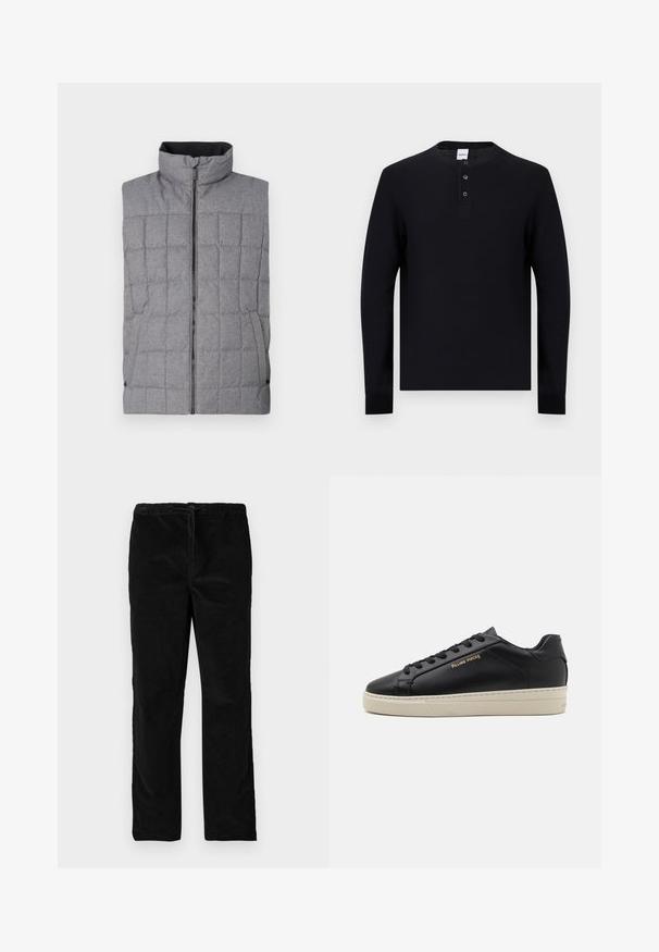 Grå quilted vest med høj krave, frontlynlås og sidelommer. Har et struktureret stof med et gittermønster og elastiske detaljer.; Sort langærmet henley-sweater med tre knapper og rund hals, vist fladt mod en hvid baggrund.; Sorte lige ben i velour med elastisk talje og forreste snor, præsenteret mod en simpel hvid baggrund.; Sorte lædersneakers med en glat finish, kontrasterende cremefarvet sål, rund tå, guld logo på siden og seks huller til snørebånd.